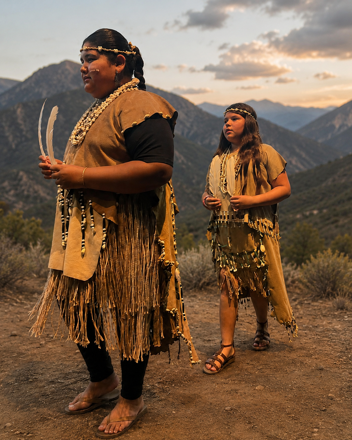 Two Tongva dancers in regalia