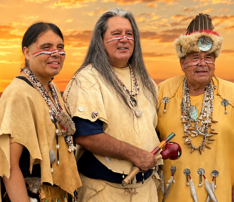 Three tribal members at sunset