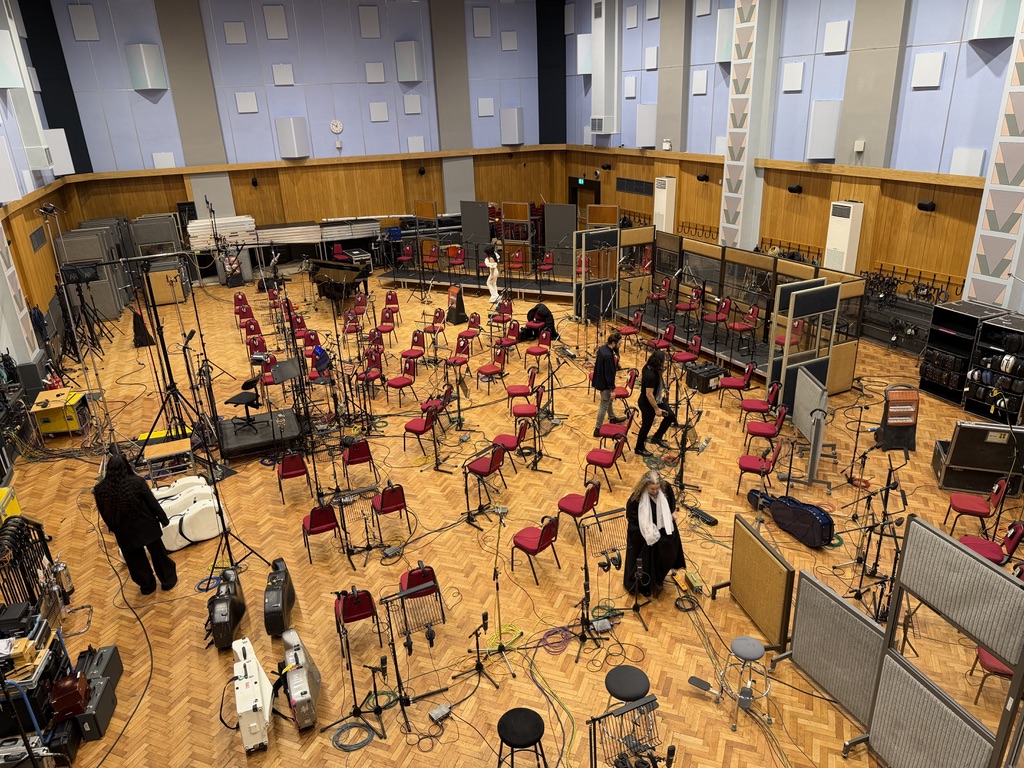 Large scoring stage set up for an orchestral recording session